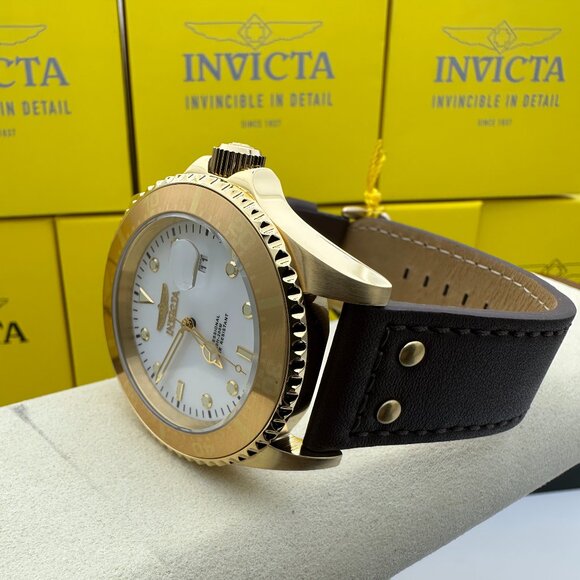 NEW Invicta Pro Diver White Luminous Dial Gold Bezel Leather Strap Watch - Picture 4 of 7